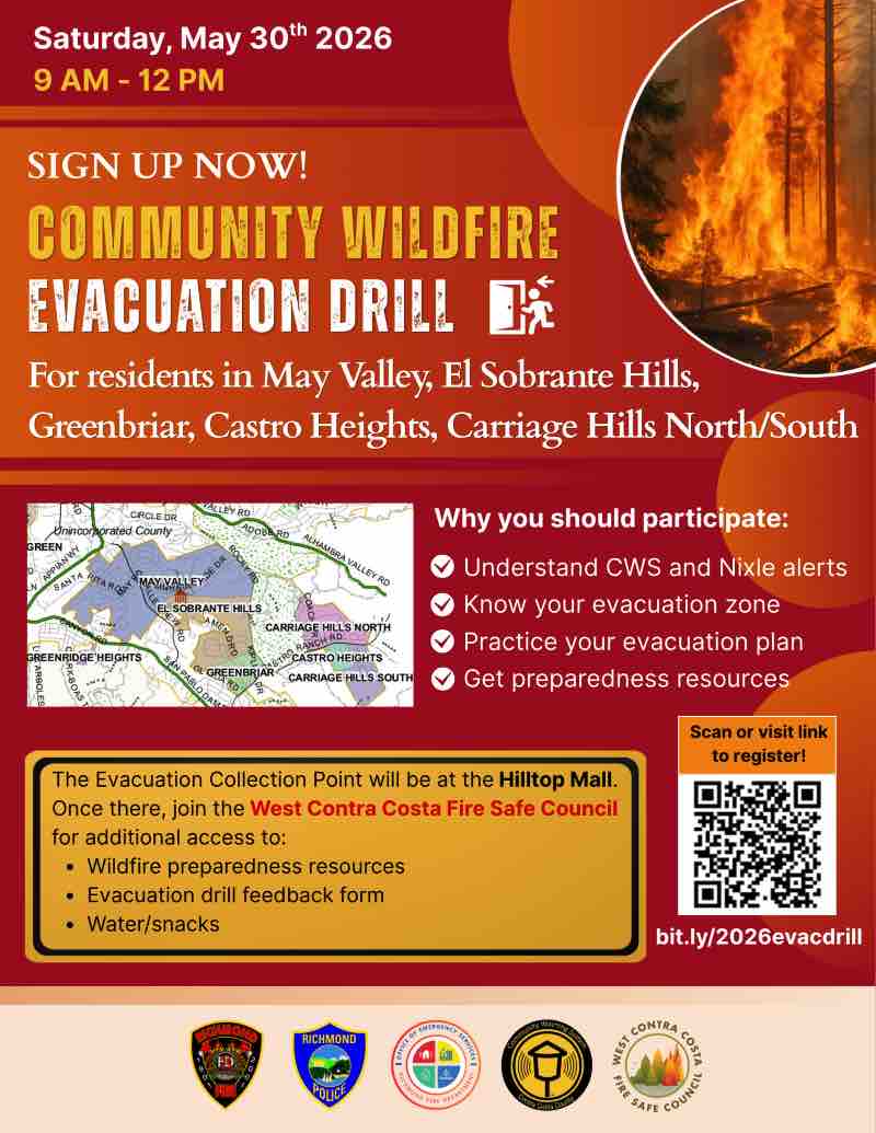 Flyer for the Richmond Evacuation Drill for El Sobrante Vally residents, May 30, 2026. Shows a map of the area and logos of sponsors. Content is repeated in body of event. Cr. Richmond OES, 2026