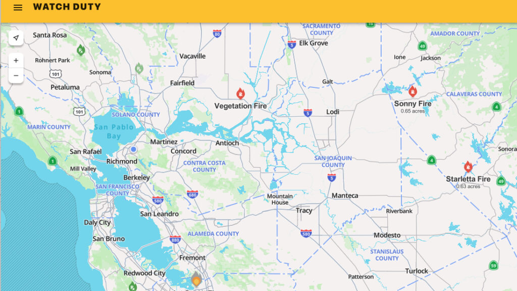 Screenshot of the Watch Duty app showing on a map four wildfires across Central California on April 29, 2026.