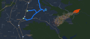 This image comes from the WUI-Go podcast, customized for location. It shows an approaching ember shower on the right, the home in the middle, and three potential evacuation routes on the left.